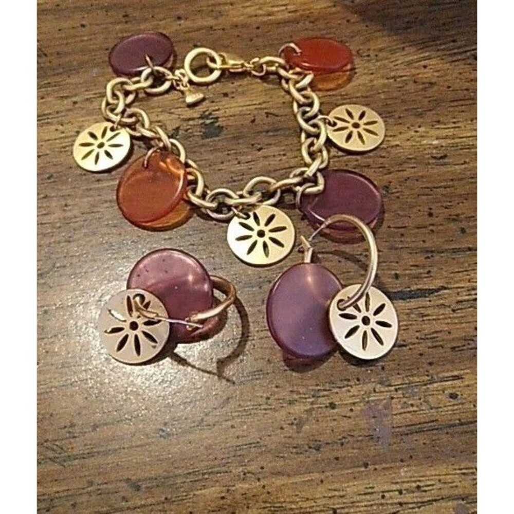Vintage Liz Claiborne LC Signed Metal Link Bracelet And Pierced Earrings